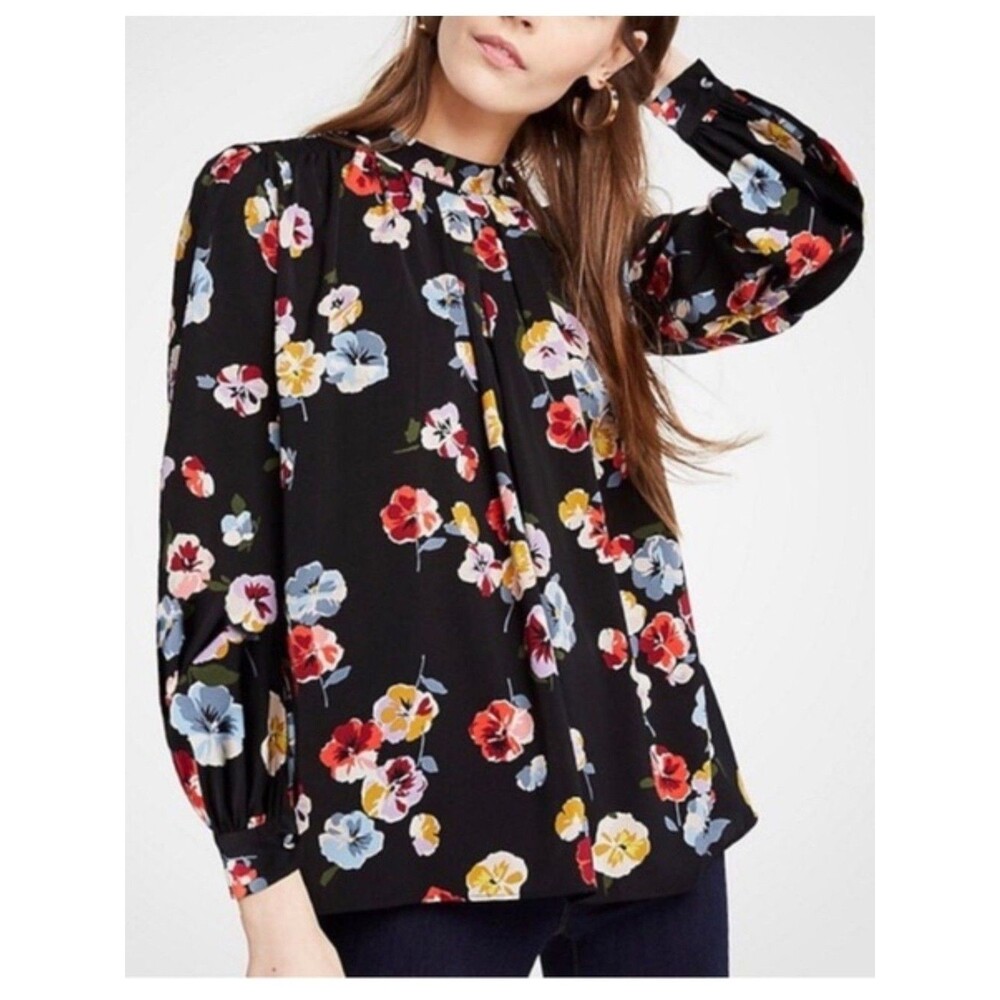 Ann Taylor women’s floral black colorful tie back blouse top career size XL EUC